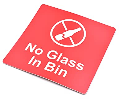 No Glass in Bin – Cartello adesivo, bidone della spazzatura con ruote, adesivo (rosso)