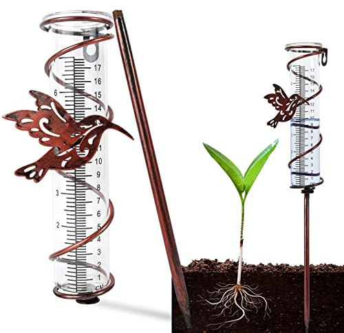 HomoGarden Großer Glas-Regenmesser mit Pfahl - Antikes Kupfer Kolibri Regenmesser, 7 Zoll Stabiler Regenmesser Outdoor, Regenmesser für Hof, Deckgeländer