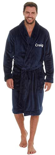 Style It Up Personalised Mens Dressing Gown Long Sleeve Hooded Bath Robe Warm Snuggle Fleece (Plain, Navy, One Size)