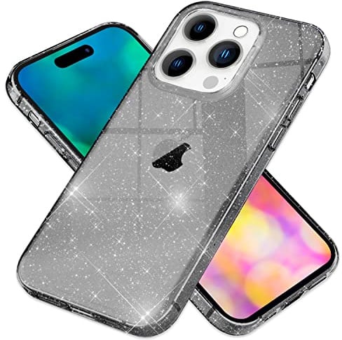 NALIA Glitzerhülle für iPhone 14 Pro Max - Hülle, Schwarz | Reflektierende Partikel im Material verschmolzen, Geschmeidige Oberfläche, Erhöhte Kanten an Kamera und Display