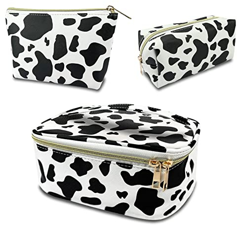 Deokke 3 Stück Set Kosmetiktasche, große Kapazität Reise Make Up Tasche Set Damen, mit tragbarem Griffdesign, PVC-Material wasserdicht, niedliches Design für Damen und Mädchen (K3-Schwarz Weiß)