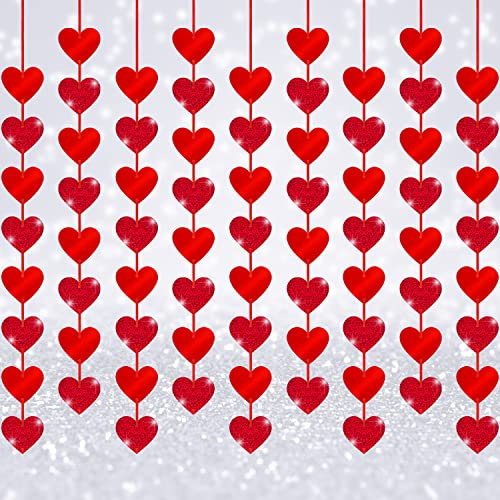 72 Pcs Red Glitter Heart Garland Decorations, Valentines Day Hanging Decorations Love Heart String Garlands for Valentines Decorations Party Supplies Romantic Wedding Photo Prop Glitter Ornaments