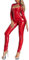 Nyeemya Damen Metallic Ganzkörperanzug Lack Leder Bodystocking Ouvert Bodysuit Catsuit Lange Ärmel Jumpsuit Einteiler Dessous Erotik Reizwäsche Rot L