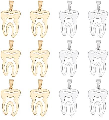 DICOSMETIC 12 Stück 2 Farben Dental Thema Charm Hohle Zähne Charm Golden Dental Pulp Charm Edelstahl Charm Geschenke Für Dental Student Armband Schlüsselanhänger Schmuckherstellung, Bohrung: 10x4mm