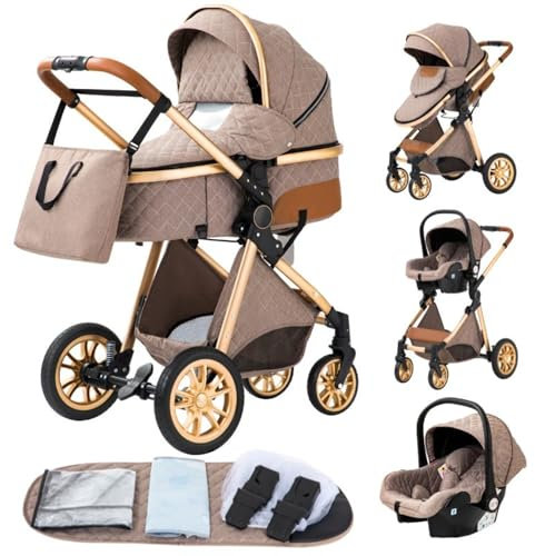YAZOCO kinderwagen 3 in 1 Buggy Babybett Komplett Set Einem Klick Zusammenklappbarer Kinderwagen, KombiKinderwagen Aluminiumrahmen für Neugeborene Sitzzubehör (4 Khaki)