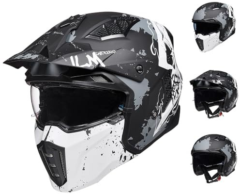 ILM Helm Motorrad Motocross Herren Damen Vintage Retro mit Visier ECE Model Z302,Schädel Matt, 2XL
