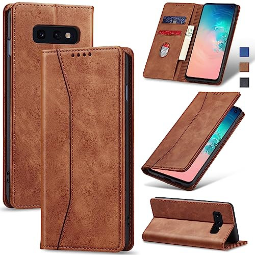 Jasonyu Handyhülle für Samsung Galaxy S10E Hülle Leder Flip Klappbare Stoßfeste Magnetische Premium PU Leder Standfunktion Kartenfächern Schutzhülle Klapphülle für Samsung S10E,Braun