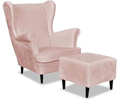 Family Meble Sessel mit Fußstütze, Modell Bella, Skandinavisch, Relaxsessel aus Webstoff, Loungesessel, Ohrensessel mit Hocker, Bequemer Sessel, Für Wohnzimmer, Esszimmer, Schlafzimmer, Rosa