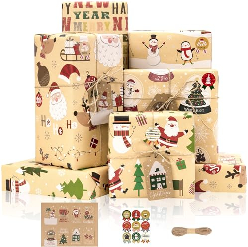 Larcenciel 6 Blatt Geschenkpapier Weihnachten + Aufkleber + Geschenkanhänger, Vintage-Weihnachtsgeschenkpapier mit Süßer Weihnachtsmann und Elch, Kraftpapier für Geschenkverpackung, Neujahr, 70x50cm