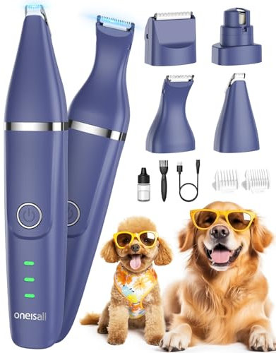 oneisall 4 en 1 Tondeuse chien set, Silencieuse Tondeuse pour chien,Sans Fil Fondeuse Toilettage pour Animaux avec 4 têtes de coupe multifonctions pour Chat et Chien (Blanc) (Bleu)