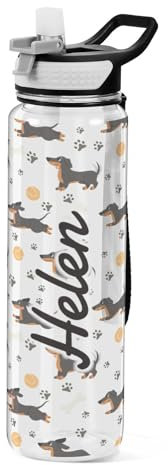 Mnsruu Personalised Cute Dachshund Paws Water Bottle 1L with Straw, Customised Names Leakproof BPA Free Tritan Drink Bottle, Sport Water Bottle