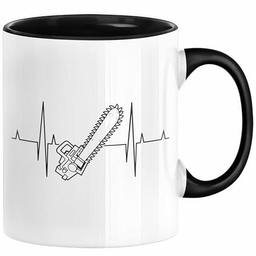 Kettensäge Herzschlag Tasse Waldarbeiter Geschenk Lustige Geschenkidee Forstarbeiter (Schwarz)
