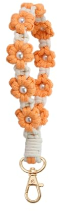 AOKSUNOVA Schlüsselanhänger Makramee Auto Schlüsselband kurz Geflochten Blume Schlüsselanhänger für Damen Weiß + Orange