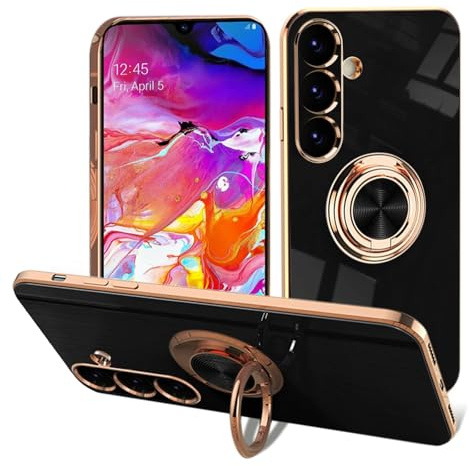 EYZUTAK Electroplated Magnetic Ring Holder Case for Samsung Galaxy A55 5G, 360 Degree with Rotation Metal Anti-fall Finger Ring Holder Magnet Car Holder Slim Soft Silicone Shockproof Cover - Black