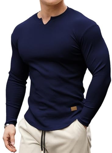 Meilicloth Mens T Shirt Henley Long Sleeve Men Casual Pullover V Neck Top Muscle Longline Ribbed Tee Shirt Blue Medium