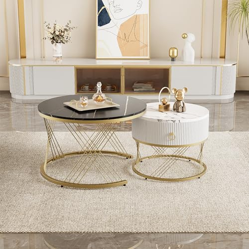Merax Couchtisch 2er Set,Wohnzimmer Tisch Zusammensetzbarer Couchtisch: Marmoroptik, Golddekor, Beistelltisch mit Schubladen Weiß+Schwarz B