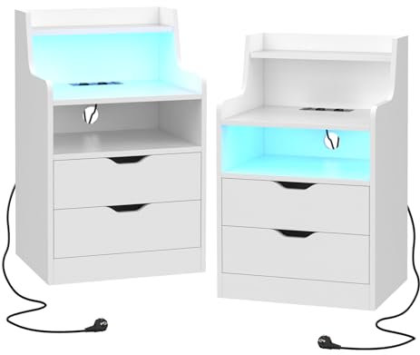 PIPIPOXER Lot de 2 Tables de Chevet Blanc avec Station de Charge, Table de Nuit avec Lumière LED, 2 Tiroirs, 2 Compartiments Ouverts, 2 Prises CA, 2 Ports USB, 45x35x72.5cm