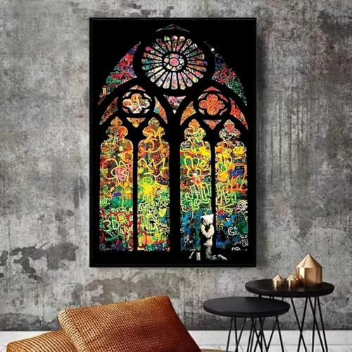 HNKDKJ Banksy vitrail garçon priant graffiti art peintures toile mur art street art photos décoration d'intérieur 90x135cm/35x53inch -avec-cadre-noir