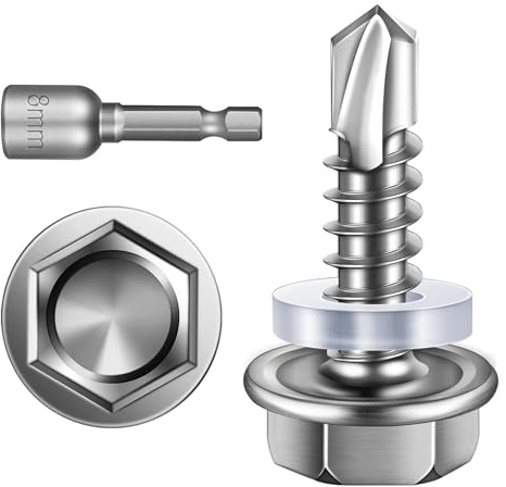 Dayalo 25 Stück Bohrschrauben 6,3 x 25 mm, Edelstahl 410, Sechskant | Blechschrauben mit Bohrspitze, Dichtscheibe und Steckschlüssel; silber, für Trapezblech, Dachbleche und Metallprofile