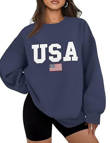 Lacozy Damen-Sweatshirts mit USA-Grafik, lockerer Rundhalsausschnitt, lässiges Oberteil, Herbst-Outfits 2024, Winterkleidung, Blau, XXL