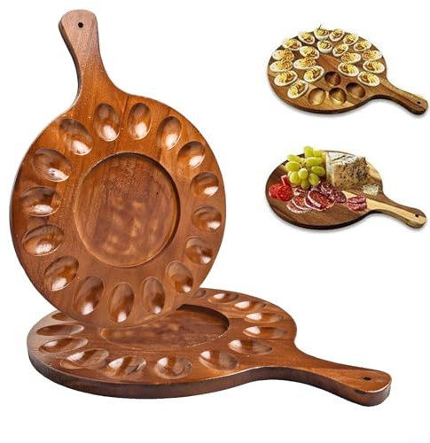 Besttoolifes Wooden Round Egg Serving Tray | Wood Deviled Egg Platters | 2 In 1 Reversible Wood Egg Holder Tray | Countertop Charcuterie Serving Tray Container With Handle | Portable Egg Cheese Plate