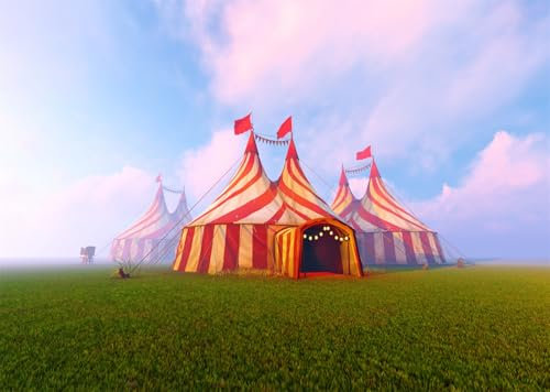 CORFOTO 1.5x1.2m Fond de Tente de Cirque Fond de Photographie de Cirque de Prairie Verte Fond de Carnaval de Cirque Fond de chapiteau de Tente Rouge décorations de fête à thème de Carnaval