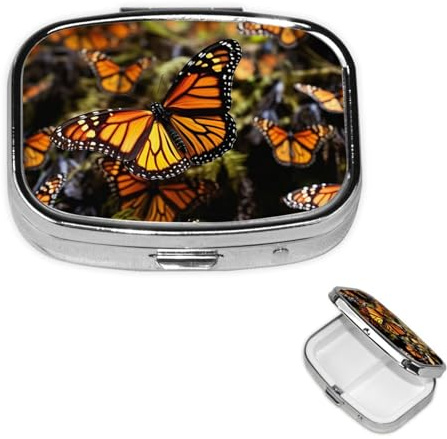 Quadratische Pillendose für Geldbörse oder Tasche, 2 Fächer, Medikamentendose, tragbar, kleiner Pillen-Organizer, Haufen von Orangen-Monarch-Schmetterlingen, Reise-Pillendose, Medizin, Vitamin,