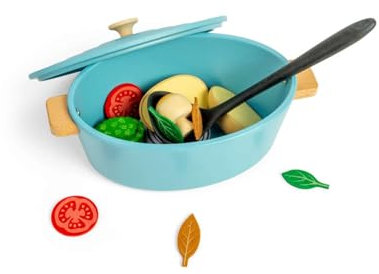 Bigjigs Toys Lot de 17 cocottes en bois pour enfants, jeux de rôle et accessoires de cuisine pour enfants, 18 mois et plus