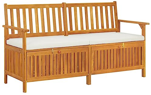 Myheimly Truhenbank mit Kissen Holzbank Sitzbank Holztruhe Bank Aufbewahrung Sitztruhe Massivholzbank Stauraum Gartenbank Massivholz Akazie Braun und Weiß,148 x 62 x 84 cm