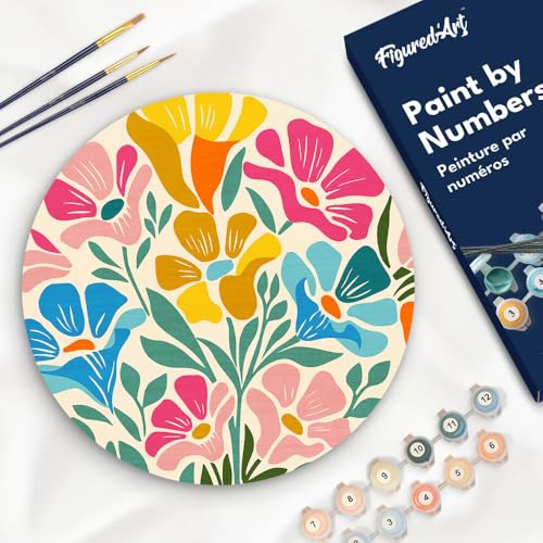 Figured'Art Malen nach Zahlen für Erwachsene auf einer Holzscheibe von 30 cm Durchmesser - Buntes Blumenmuster - Paint by Numbers Basteln DIY Bastelset
