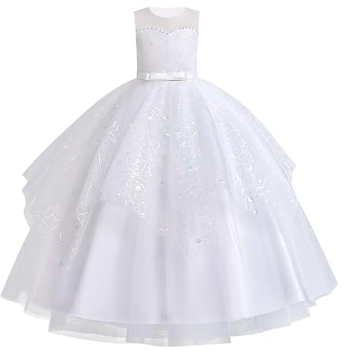 IWEMEK Bambino Ragazza Vestito Ceremonia Matrimonio Lungo Carnevale Tutu senza Maniche Abiti Battesimo Comunione di Compleanno Festa di Compleanno Abito da Sposa