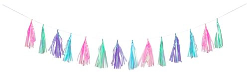 Girlande mit hologographischen Quasten, 3 m, Pastellfarben, Dekoration für Geburtstag, Babyparty, Hochzeit, Taufe, Regenbogen, ohne DIY