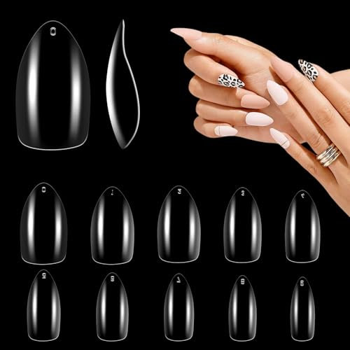 500pcs False Fake Nail Tips Short Almond for Acrylic Gel, LEA-SHALL Clear Small Stiletto Nail French Transparent Artificial Full Cover Nails Press On Nail Extension Kit Set Pointed 10 Sizes