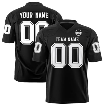 WEOPLKIN Camisetas de Rugby para Adultos y Niños, Camiseta de Fútbol Americano Personalizada Nombre Número Logo negro
