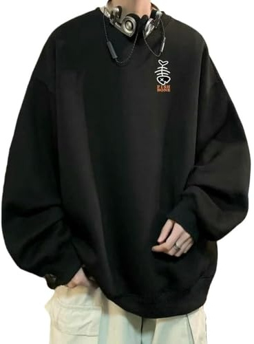 ZSHDTKWB Hoodie M-8xl Herbst Männer Übergroße Sweatshirts Mode Lose Einfache Graffiti Fishbones Drucken Lange Hülse Plus Paar Kleidung-schwarz-8xl