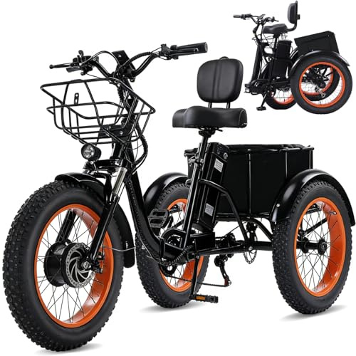 Broobey Adult Electric Tricycle 20-inch Non-Folding/Folding 7-Speed Tricycle with Large Capacity Basket 48V 15Ah/15.6Ah Lithium Battery PAS Miles