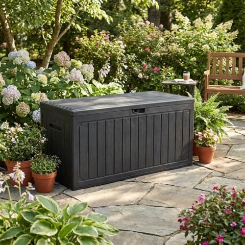 Azuma 290L Outdoor Garden Storage Box with Lockable Lid, Gas Lift Hinges & Weatherproof Wood Effect, Large Plastic Deck Box for Cushions, Patio Accessories, Toys, Tools & Equipment