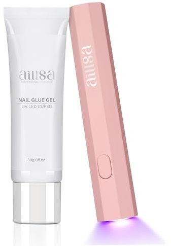 AILLSA Solid Nail Glue Gel 30g with Pink Mini UV Lamp