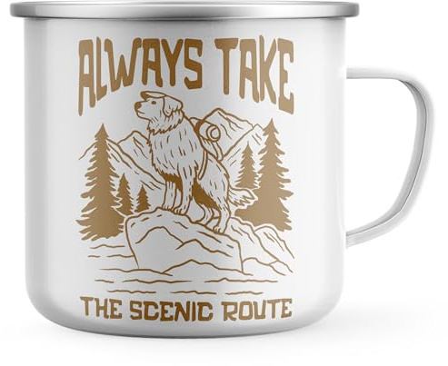 Purple Print House Always Take The Scenic Route Enamel Mug - Mountain Scene Design Metal Tea Coffee Cup for Hikers and Dog Owners - Hiking Accessory - Funny Outdoor Lover Gift