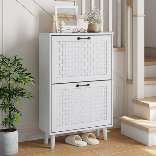 Ball & Cast Schuhkipper mit 2 Klappenschubladen - Schuhschrank für Eingänge, Flur & Wohnzimmer, Weiß, 60×24×94cm