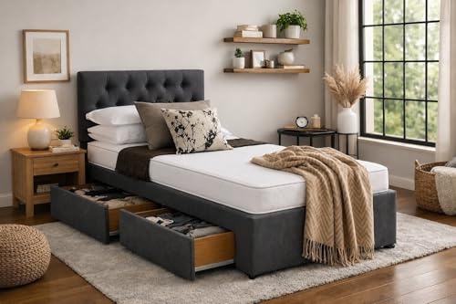 Luxury Divan Bed with Mattress | Single 3FT | Charcoal Grey Chenille | Toronto Headboard | Optional 2 Drawers (Charcoal Grey, 2, 3FT Single Divan with Mattress and Headboard)