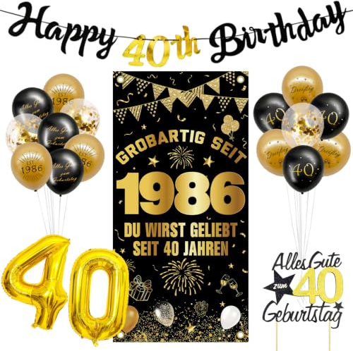 Deko 40 Geburtstag Mann Frau Schwarz Gold Geburtstagsparty Dekoration | 40 Geburtstag Männer mit Vintage 1986 Banner, Luftballon, Dreiecksgirlande, Kuchendekoration für Männer Frauen