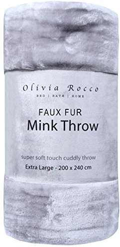 Olivia Rocco Super Soft Raschel Sofa Bed Throw, Faux Fur Mink Blanket Settee Throws, Double King Size, Silver, X Large 200 x 240 cm