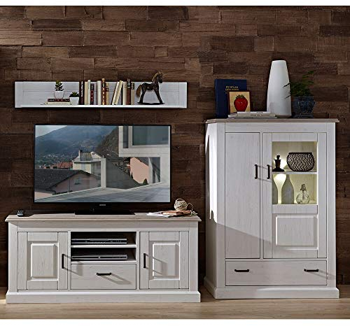 Landhaus TV-Wohnwand mit Lowboard inkl. Beleuchtung in Pinie weiß mit Abs. Taupe