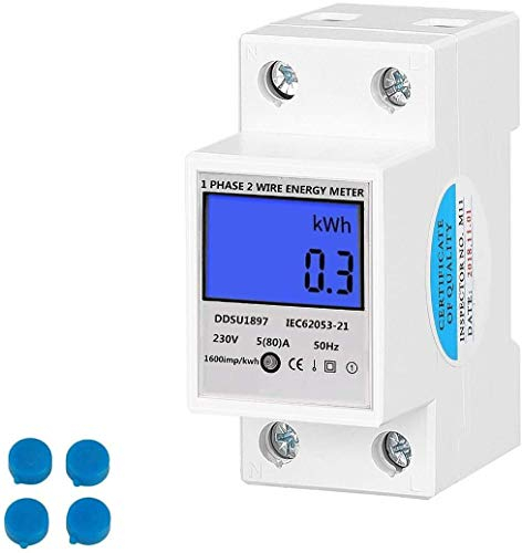 OrangeClub LCD Digitale Stromzähler,Wechselstromzähler Hutschiene 5(80) A KWh Zähler 1Phase Energiezähler Wattmeter 2P-DIN-Schienen-Stromzähler