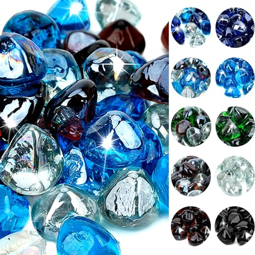 onlyfire 10-Pounds Fire Glass Diamonds for Propane Fire Pit, 1 Inch Blended Firepit Glass Rocks Stones for Gas Fireplace and Fire Pit Table, Caribbean Blue, Crystal Ice and Amber