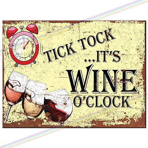 Metal Signs - Tick Tock Wine O'clock Logo. Man Cave Tin Metal Sign Hanging Wall Plaque Kitchen Shed Garage. Medium (20cm x 15cm)