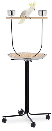 Relaxdays Percha para Loros, Barra para Aves, 2 Comederos, Bandeja Inferior, Móvil, Metal, Accesorios Pájaros, Negro