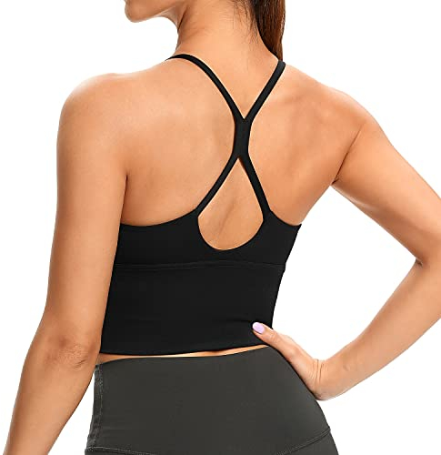Lemedy Damen-Sport-BHs, lange Träger, gepolstert, für Workout, Yoga, Laufen, bauchfreies Tanktop, schwarz, Medium
