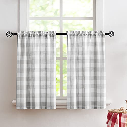 Treatmentex Grau-weiß karierte Küchen-Vorhänge, 61 cm Länge, kurz, halbtransparent, Café-Vorhänge für Keller, Waschküche, Badezimmer, Fenster, 68 x 61 cm, 2 Paneele mit Stangentasche